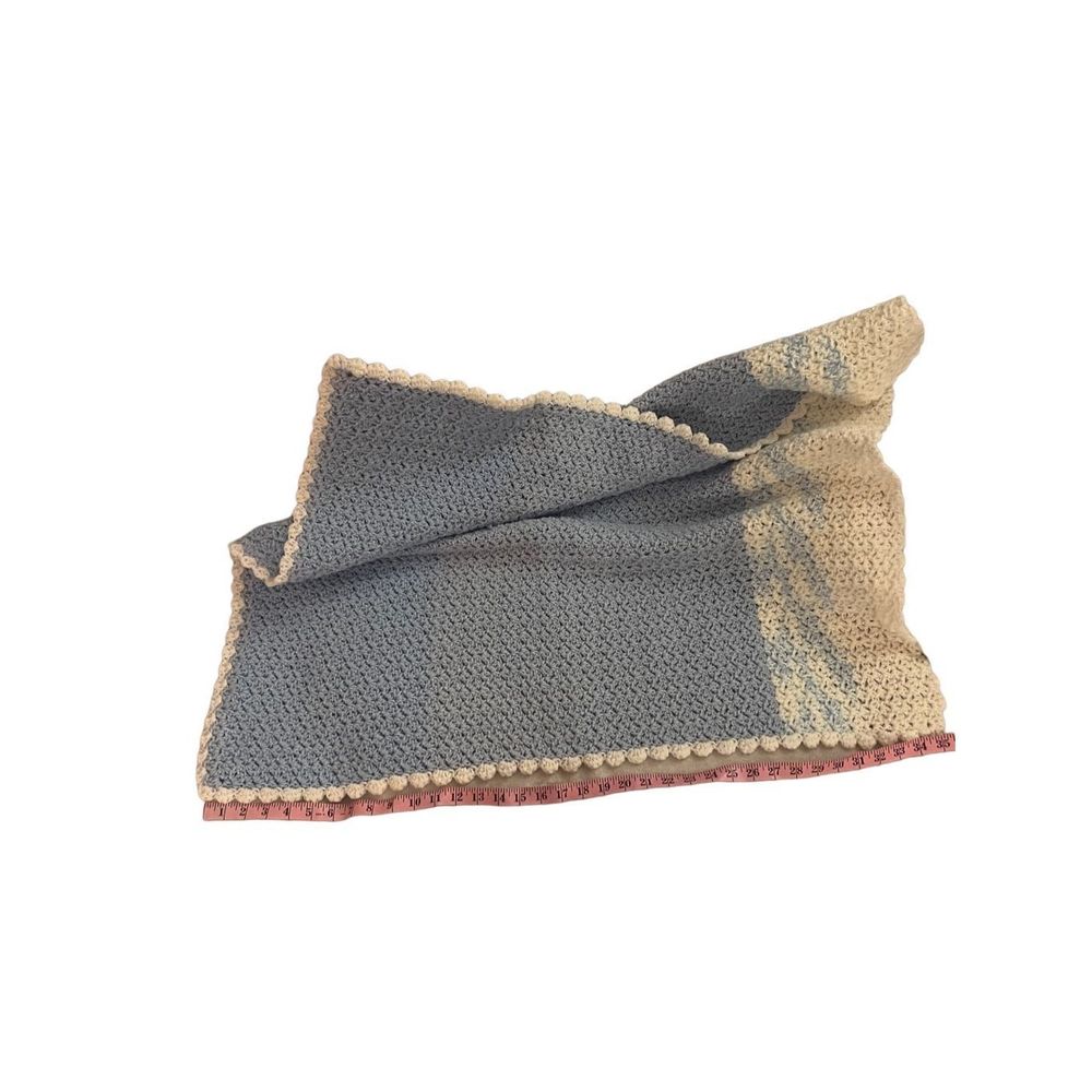 Handmade Knit Crochet Baby Blanket Pastel‎ Blue White Lap Blanket Size 30” X 35” - Picture 4 of 8